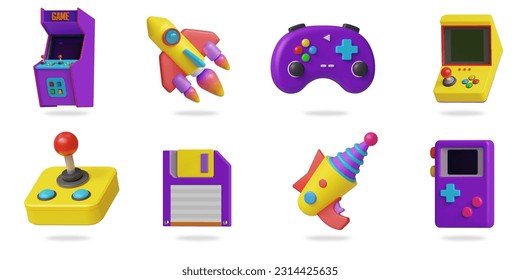 Retro game console 3D vector icon set.
arcade game,spaceship,joystick,gamepad,miniconsole,disk,space gun Stock Vector