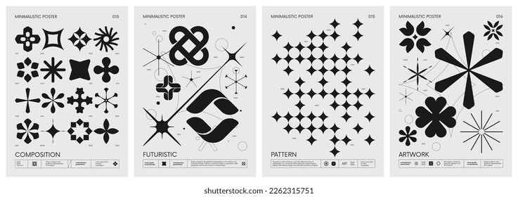 レトロな未来的なベクター最小限シルエットの基本フィギュアとポスター、幾何学的な形状の組成の特別なグラフィック要素、現代のモノクロプリントブラタリズム、セット4のベクター画像素材