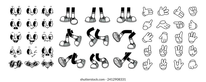 Retro leg, hand and face. Comic groovy hands in gloves, vintage legs and foot in shoes and funny emotion. Different poses arm and feet. Body parts mascot. Vector set. Emoji, body movements animation, vector de stoc