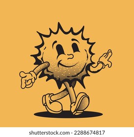 黄色い背景にレトロなスタイルの笑った面白い太陽の漫画のキャラクターは、Tシャツやポスターデザインのために歩く。ベクターイラストのベクター画像素材