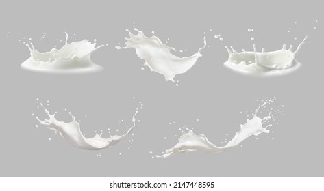 現実的な牛乳のスプラッシュや滴やスプラッタで波。液体の渦巻きと樹冠の形で滴る、液体の流れの流れ。ミルキーまたは乳製品の新鮮な製品のリアルな3D要素分離型セットのベクター画像素材