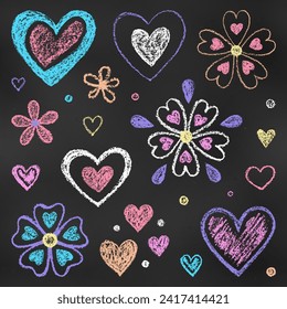 Realistic Chalk Drawn Sketch. Set of Design Elements Colorful Hearts and Flowers Isolated on Dark Chalkboard Backdrop. Kit of Textural Crayon Drawings of Romantic Simple Shapes on Blackboard. Arkivvektor