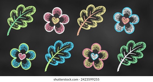Realistic Chalk Drawn Sketch. Set of Design Elements Flowers and Leaves Isolated on Chalkboard Backdrop. Kit of Textural Crayon Drawings of Summer Simple Shapes of Different Colors on Blackboard. Arkivvektor