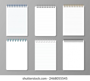 Realistic diary notebooks. Vector set of blank 3d paper notepads with varying page layouts, including grid, lined, and blank pages with wire binding, Office writing stationery templates for notetaking Stockvektorkép