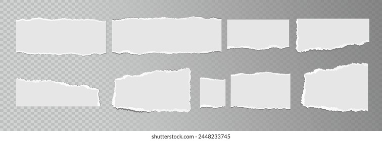 Hojas de papel blanco rasgadas realistas aisladas sobre fondo transparente. Páginas en blanco rasgadas con textura desigual. Vector Vector de stock