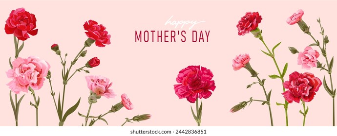 母の日の長方形カード。ピンクの背景にパノラマフレーム、赤、ピンク、白のカーネーションの花。母親の挨拶のためのマッサージを持つテンプレート。水彩スタイルのリアルなイラストのベクター画像素材