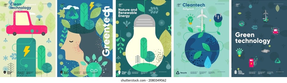 Recycle. Nature and Renewable Energy. Green Energy and Natural Resource Conservation. Set of vector illustrations. Background images for poster, banner, cover art. Stock Vector