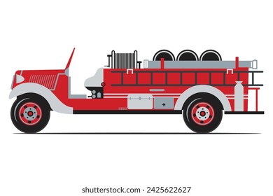 Red old fire truck, vehicle of Emergency. Firefighters design element. Side view vector Illustration on a white background. Immagine vettoriale stock