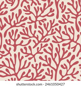 Red coral seamless pattern on beige background in vintage style. Matisse-inspired modern abstract organic algae background. Vector design for textile, wrapping paper, greeting cards. Immagine vettoriale stock