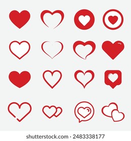 Red heart various shape stamp silhouette flat set. Love valentine romantic relationship wedding sign, etc Stock-vektor