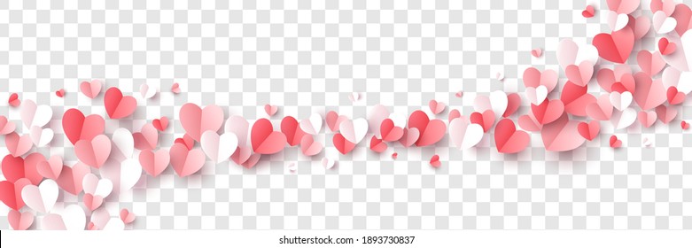 Red, pink and white flying hearts isolated on transparent background. Vector illustration. Paper cut decorations for Valentine's day border or frame design, Stock Vector
