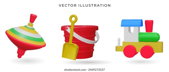 A red plastic bucket and a yellow shovel, train, spinning top 3d kids toys. Vector illustration. Toy bucket, shovel, train, spinning top gift for kids. Most classic toys in the past. Stock Vector