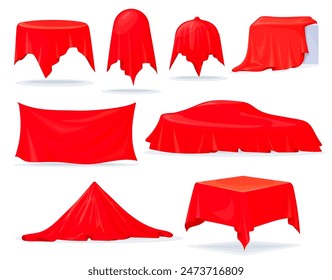Red silk cover. Reveal curtain mysterious hidden object, velvet fabric secret product unveil hide award surprise under blanket cloth table or box, covered neat vector illustration: stockvector