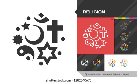 Religion black glyph silhouette and color editable stroke thin outline single icon with christian cross, jewish star of David, islamic star and crescent, chinese yin and yang symbols. Stock Vector