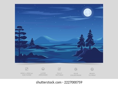 川の夜景の風景デザイン自然のシーンフラットデザイン背景テンプレートベクターイラストのベクター画像素材