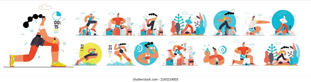 Runners set. Flat vector concept illustrations of male and female athletes running in the park, forest, stadium track or street landscape. Healthy activity and lifestyle. Sprint, jogging, warming up. Imagem Vetorial Stock