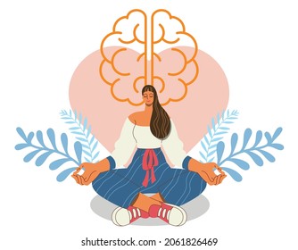 Woman meditating Mentally healthy exercise yoga pose with heart, brain and nature. Vector design illustrations isolated.  库存矢量图