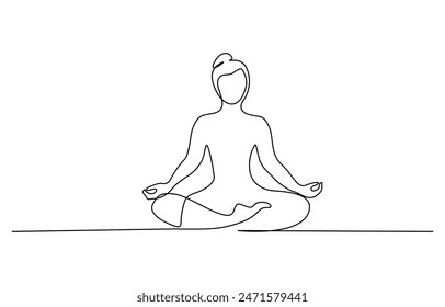 Woman practicing yoga isolated line drawing, vector illustration design. Sport collection, Woman sitting in lotus pose yoga. Continuous one line drawing, in single line art vector style illustration.: wektor stockowy