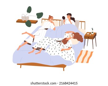 女性の友人は鶏のパーティーのベッドでくつろぐ。パジャマを着た女の子と自宅の寝室のフェイシャルマスク、一緒に休憩。ガールフレンドのレジャー、泊まり。白い背景に平らなベクターイラストのベクター画像素材