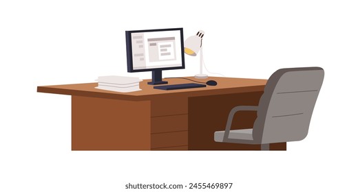 机のある職場、空いているオフィスチェア、デスクトップコンピュータ、ランプ。ワークステーション、職場、PCモニターとアームチェアを備えたビジネステーブル。白い背景にフラットベクターイラストのベクター画像素材