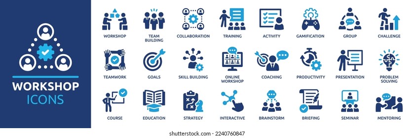 Workshop icon set. Containing team building, collaboration, teamwork, coaching, problem-solving and education icons. Solid icon collection., vector de stoc