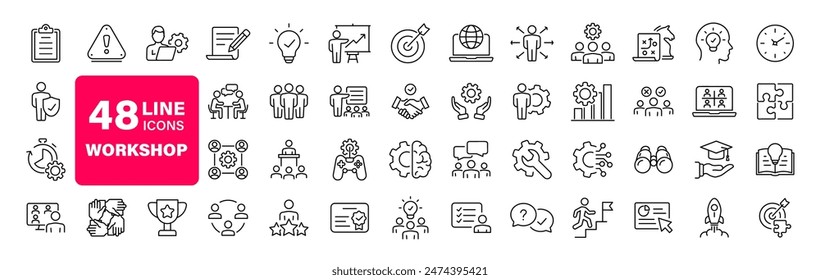 Workshop set of web icons in line style. Business Workshop icons for web and mobile app. Containing team building, teamwork, coaching, meeting, managing, coaching, motivation and more เวกเตอร์สต็อก