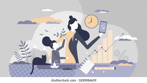 Work life balance for female as children or career choice tiny person concept. Mother with kids and phone call from job vector illustration. Time and priorities management daily decision routine scene 库存矢量图