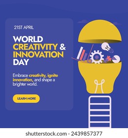 World Creativity and Innovation Day. 21st April world creativity and innovation day celebration banner in purple colour background with a half open light bulb and icons of different things in it.  Arkistovektorikuva