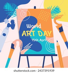 World Art Day background. World Art Day Celebration. April 15. Cartoon Vector illustration design Template for Poster, Banner, Flyer, Card, Post, Cover, competition, Event. painting, paint and brush. Imagem Vetorial Stock