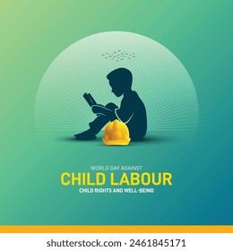 world day against child labour 2024. world day against child labour creative concept banner, poster, social media post, template design, post card etc. safety helmet vector illustration.  Immagine vettoriale stock