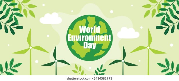World Environment day concept background vector. Save the earth, globe, windmill, foliage, cloud on green background. Eco friendly illustration design for web, banner, campaign, social media post.: stockvector