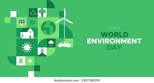 World Environment Day web template illustration with modern eco geometric nature mosaic. Green abstract geometry shape symbol background for online earth holiday or internet landing page.: stockvector
