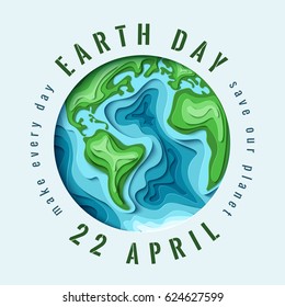 World Earth day concept. 3d paper cut eco friendly design. Vector illustration.  Paper carving Earth map shapes with shadow. Save the Earth concept. April 22 Stock Vector