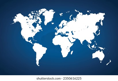 World map on blue background. Continent land islands straits bays archipelagos lakes geography location isolated vector illustration Immagine vettoriale stock