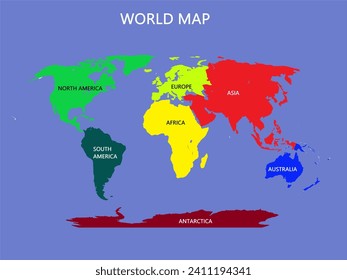 WORLD MAP WITH COLORS seven continents map เวกเตอร์สต็อก
