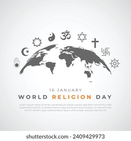 Publicación y diseño de pancartas en el Día Mundial de la Religión. Antecedentes del Día Mundial de la Religión con carteles religiosos e ilustración de vectores de mapas mundiales Vector de stock