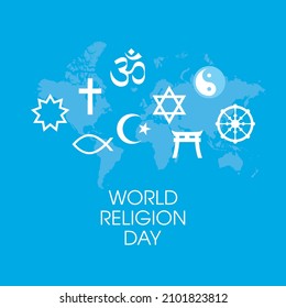 World Religion Day Poster with religious symbols vector. Religious symbols white silhouette icon set vector. World map and religions symbols vector. Important day Stock Vector