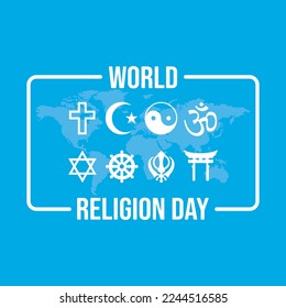 World Religion Day Poster with religious symbols illustration. Religious symbols white silhouette icon set vector editable Stock Vector