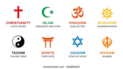 Simboluri religioase mondiale colorate. Semne ale grupurilor religioase și religiilor majore. Creștinism, Islam, hinduism, budism, taoism, Shinto, sikhism și iudaism, cu etichetare engleză. Ilustraţie. Vector, vector de stoc