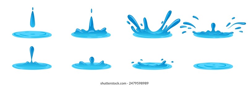 Water splash animation. Dripping water splatter animation, liquid water splashes flat vector illustration set. Cartoon dripping water 库存矢量图