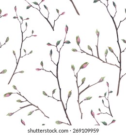 Watercolor twigs pattern. Seamless floral texture with branches, flower buds and leaves. Vector spring repeating background Stock Vector