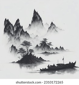 Watercolor and ink illustration of chinese landscape with pagoda and mountains in style sumi-e, u-sin. Traditional asian architecture. Oriental traditional painting.: stockvector