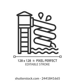 Waterslide pixel perfect linear icon. Aqua park attraction. Family vacation. Leisure activity. Water playground. Thin line illustration. Contour symbol. Vector outline drawing. Editable stroke Stock-vektor