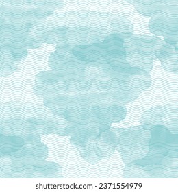 Waves background. Abstract seamless pattern with blue watercolor splashes. Monochrome vector illustration. Perfect for design templates, wallpaper, wrapping, fabric and textile. Imagem Vetorial Stock