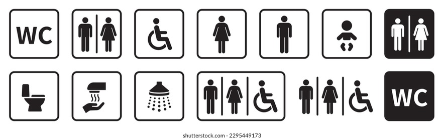 WC icons set. Toilet sign. Man, woman, mother with baby and handicapped silhouettes collection. Male and female restroom. 库存矢量图