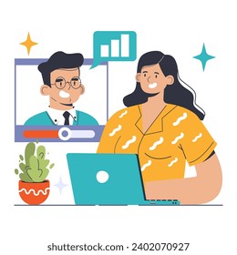 Webinars concept. Eager participant joins an informative session led by a digital expert, fostering online learning. Engaging virtual discussion. Flat vector illustration Adlı Stok Vektör