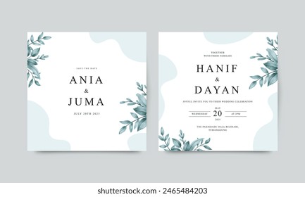 Wedding invitation card with watercolor leaves Vektor Stok