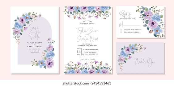 wedding invitation set with purple blue floral watercolor Stock-vektor