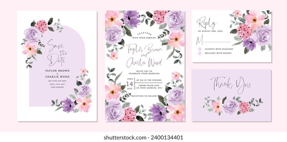 wedding invitation set with purple pink watercolor floral frame Stock-vektor