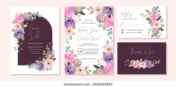 wedding invitation set with purple pink floral watercolor frame Stock-vektor